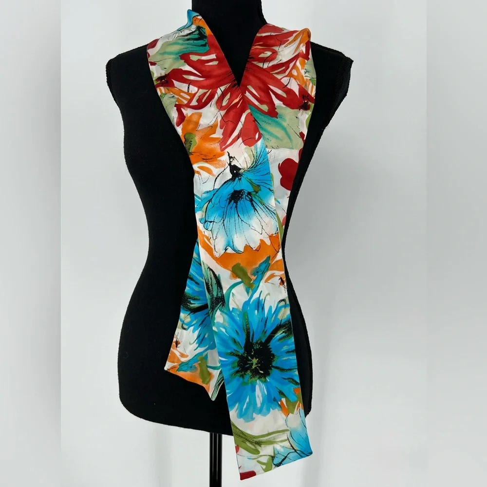 TALBOTS SILK SCARF, FLORAL IN WHITE‎ BLUE ORANGE AND RED